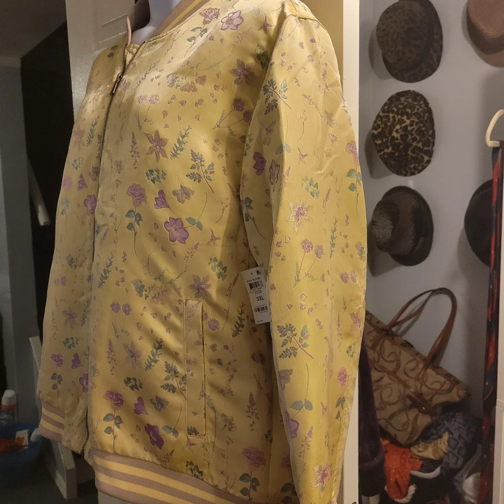 INC Yellow floral Sateen Bomber Jacket. sz.3XL - Picture 3 of 6